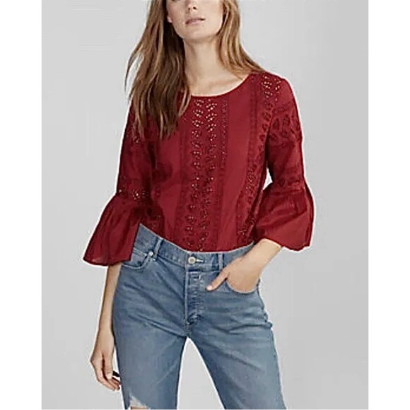 Express Tops - EXPRESS Eyelet Flare Pleated Bell Sleeve Top